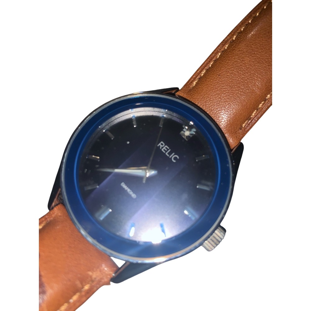 Relic by Fossil Mens Diamond Navy Blue Dial Watch Tan Leather ZR77294